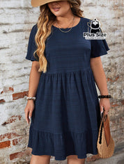 Vestido Com Bainha Ruffle Gola Redonda Liso Várias Cores Plus Size
