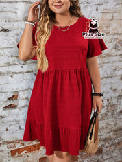 Vestido Com Bainha Ruffle Gola Redonda Liso Várias Cores Plus Size