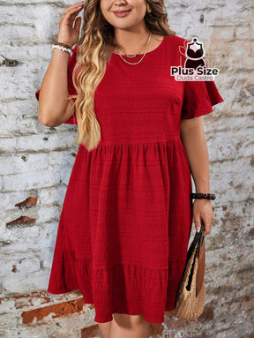 Vestido Com Bainha Ruffle Gola Redonda Liso Várias Cores Plus Size