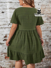 Vestido Com Bainha Ruffle Gola Redonda Liso Várias Cores Plus Size