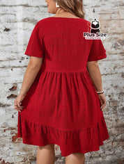 Vestido Com Bainha Ruffle Gola Redonda Liso Várias Cores Plus Size