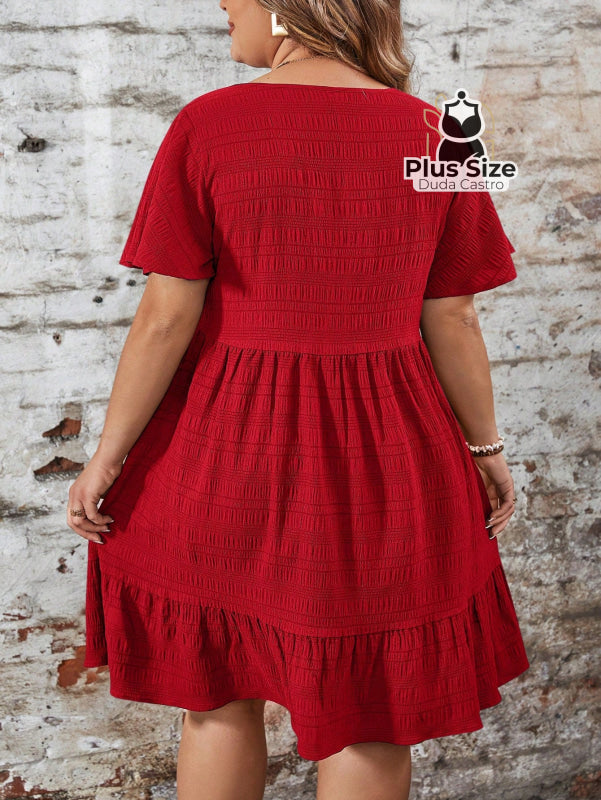 Vestido Com Bainha Ruffle Gola Redonda Liso Várias Cores Plus Size