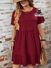 Vestido Com Bainha Ruffle Gola Redonda Liso Várias Cores Plus Size