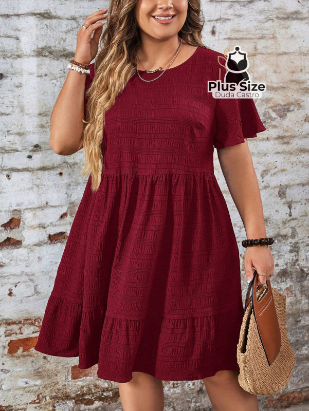 Vestido Com Bainha Ruffle Gola Redonda Liso Várias Cores Plus Size