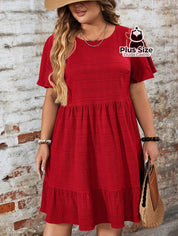 Vestido Com Bainha Ruffle Gola Redonda Liso Várias Cores Plus Size