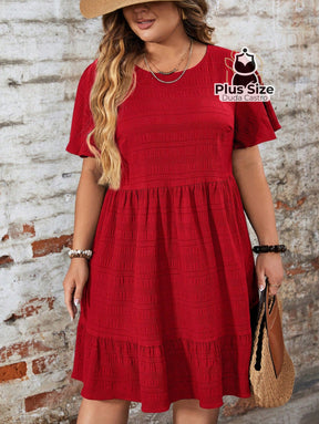 Vestido Com Bainha Ruffle Gola Redonda Liso Várias Cores Plus Size