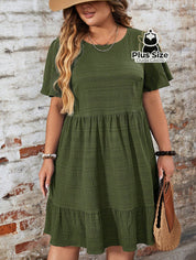Vestido Com Bainha Ruffle Gola Redonda Liso Várias Cores Plus Size