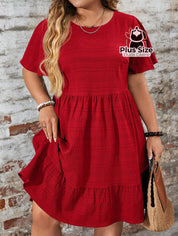 Vestido Com Bainha Ruffle Gola Redonda Liso Várias Cores Plus Size