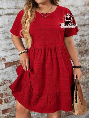 Vestido Com Bainha Ruffle Gola Redonda Liso Várias Cores Plus Size