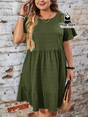 Vestido Com Bainha Ruffle Gola Redonda Liso Várias Cores Plus Size