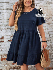 Vestido Com Bainha Ruffle Gola Redonda Liso Várias Cores Plus Size