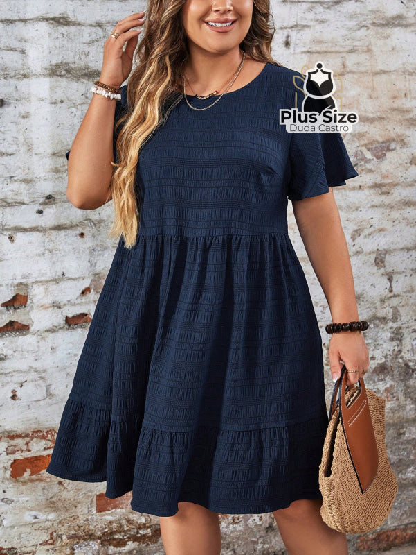 Vestido Com Bainha Ruffle Gola Redonda Liso Várias Cores Plus Size