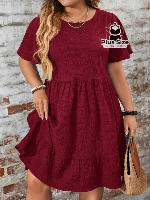 Vestido Com Bainha Ruffle Gola Redonda Liso Várias Cores Plus Size