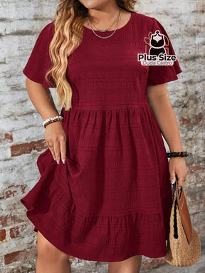 Vestido Com Bainha Ruffle Gola Redonda Liso Várias Cores Plus Size