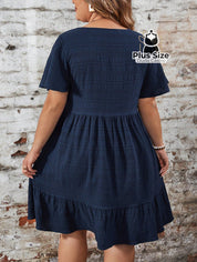 Vestido Com Bainha Ruffle Gola Redonda Liso Várias Cores Plus Size