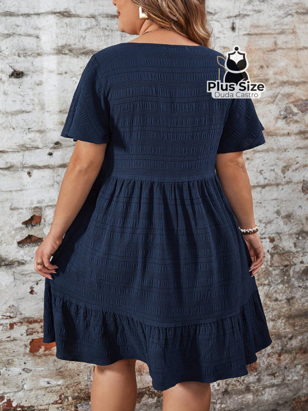 Vestido Com Bainha Ruffle Gola Redonda Liso Várias Cores Plus Size
