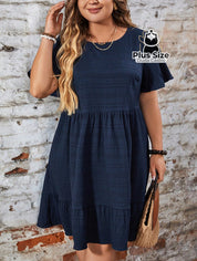 Vestido Com Bainha Ruffle Gola Redonda Liso Várias Cores Plus Size