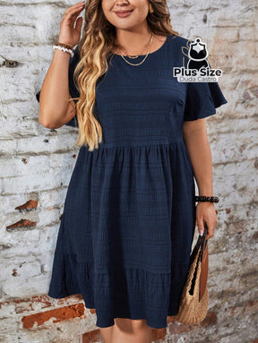 Vestido Com Bainha Ruffle Gola Redonda Liso Várias Cores Plus Size