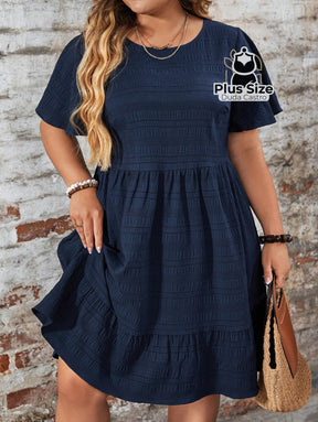 Vestido Com Bainha Ruffle Gola Redonda Liso Várias Cores Plus Size