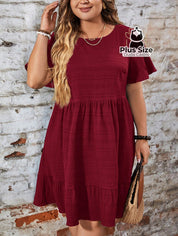 Vestido Com Bainha Ruffle Gola Redonda Liso Várias Cores Plus Size