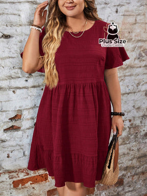 Vestido Com Bainha Ruffle Gola Redonda Liso Várias Cores Plus Size