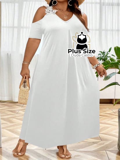 Vestido Com Decote V E Ombro De Fora Branco Plus Size Extra