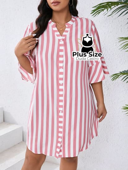 Vestido Com Listras Verticais Estilo Camisa Plus Size