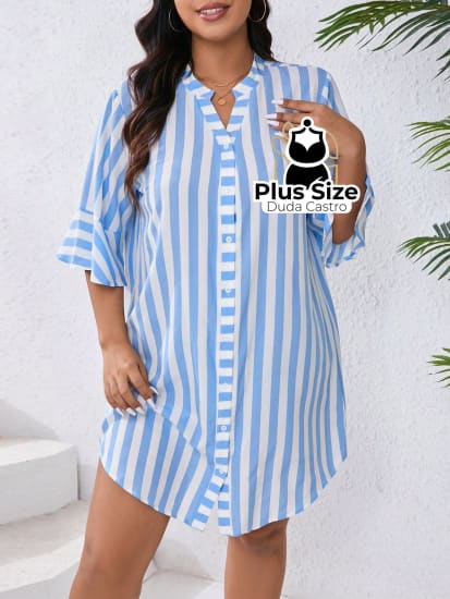 Vestido Com Listras Verticais Estilo Camisa Plus Size