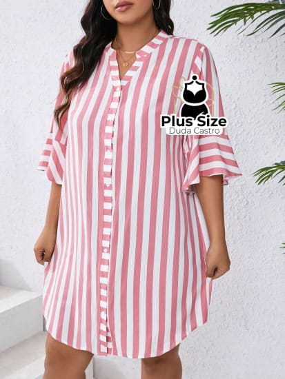 Vestido Com Listras Verticais Estilo Camisa Plus Size