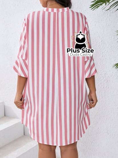 Vestido Com Listras Verticais Estilo Camisa Plus Size