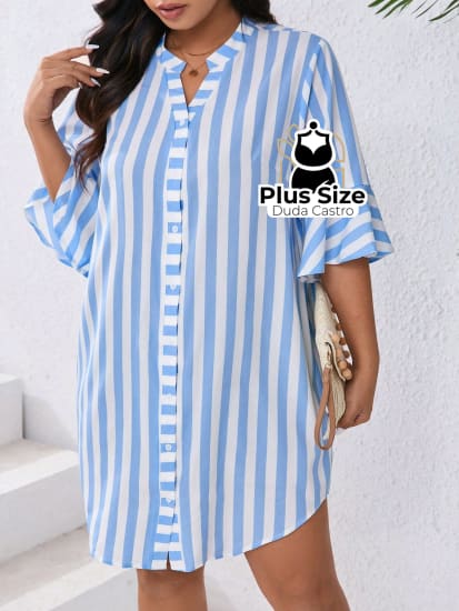 Vestido Com Listras Verticais Estilo Camisa Plus Size