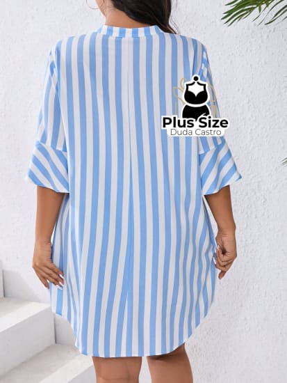 Vestido Com Listras Verticais Estilo Camisa Plus Size