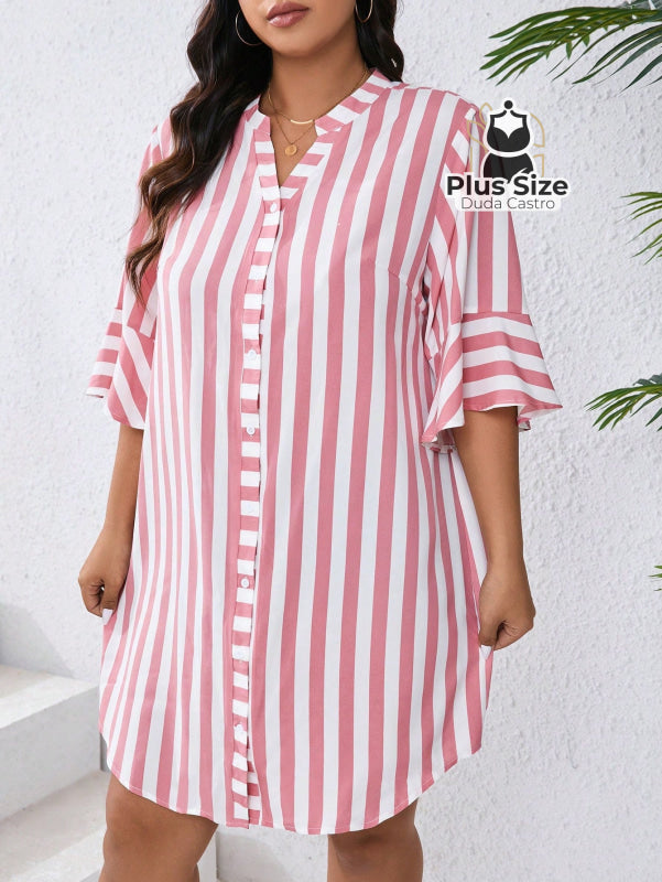Vestido Com Listras Verticais Estilo Camisa Plus Size