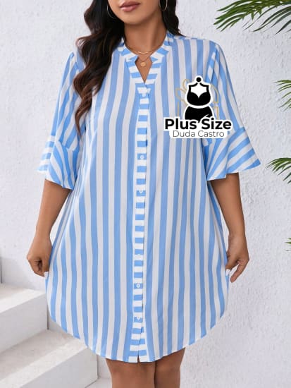 Vestido Com Listras Verticais Estilo Camisa Plus Size