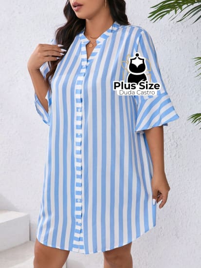 Vestido Com Listras Verticais Estilo Camisa Plus Size