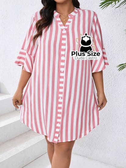 Vestido Com Listras Verticais Estilo Camisa Plus Size