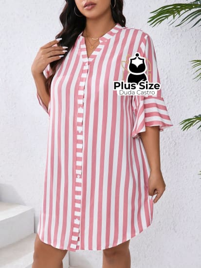 Vestido Com Listras Verticais Estilo Camisa Plus Size