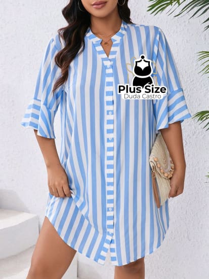 Vestido Com Listras Verticais Estilo Camisa Plus Size G / Azul Glacê