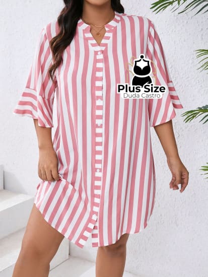 Vestido Com Listras Verticais Estilo Camisa Plus Size G / Rosa Ballet