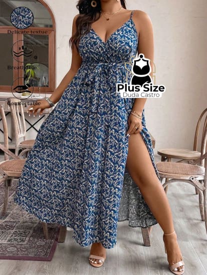 Vestido De Alça Com Efeito Transpassado Plus Size G / Azul Transpassado