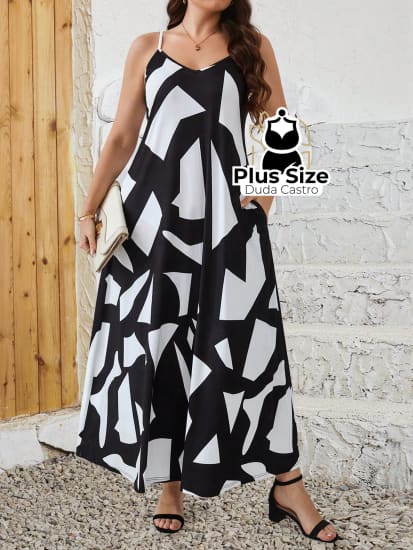 Vestido De Alças Estampa Geométrica Preto E Branco Plus Size Vestidos Size