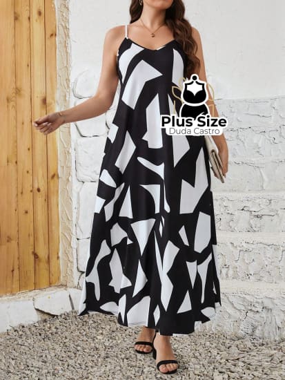 Vestido De Alças Estampa Geométrica Preto E Branco Plus Size Vestidos Size