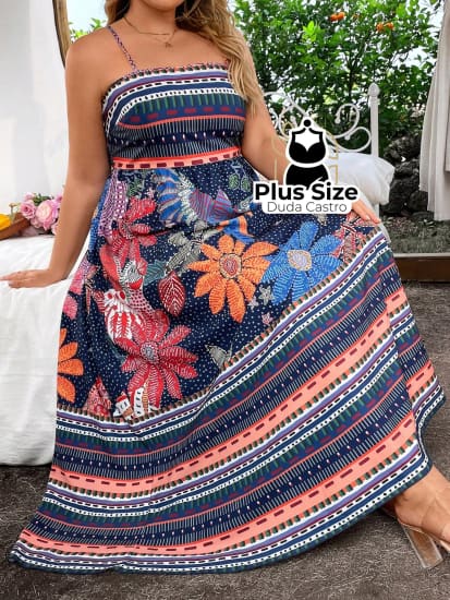 Vestido De Alças Reguláveis Estampada Floral Plus Size