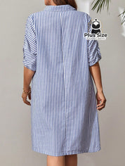 Vestido De Listras Mangas Curtas E Bainha Plissada Plus Size Vestidos Size