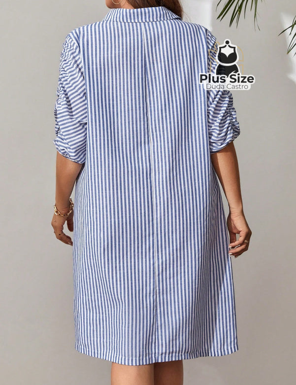 Vestido De Listras Mangas Curtas E Bainha Plissada Plus Size Vestidos Size