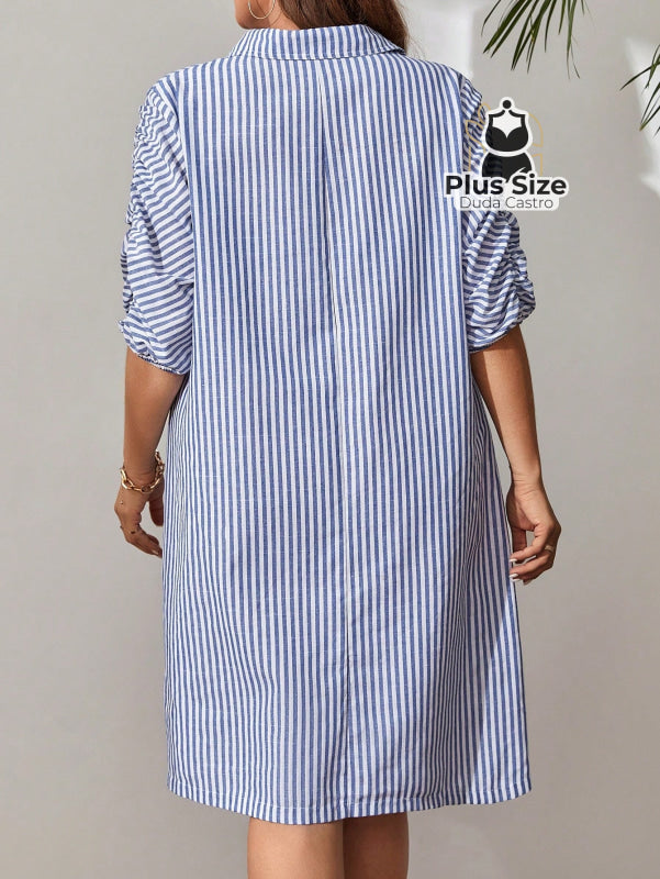 Vestido De Listras Mangas Curtas E Bainha Plissada Plus Size Vestidos Size