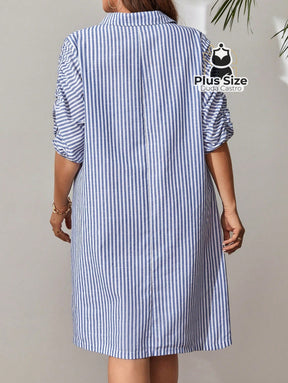 Vestido De Listras Mangas Curtas E Bainha Plissada Plus Size Vestidos Size