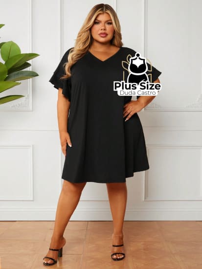 Vestido De Manga Curta Em Camadas Duplas Com Decote V Plus Size Extra