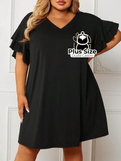 Vestido De Manga Curta Em Camadas Duplas Com Decote V Plus Size Extra G5