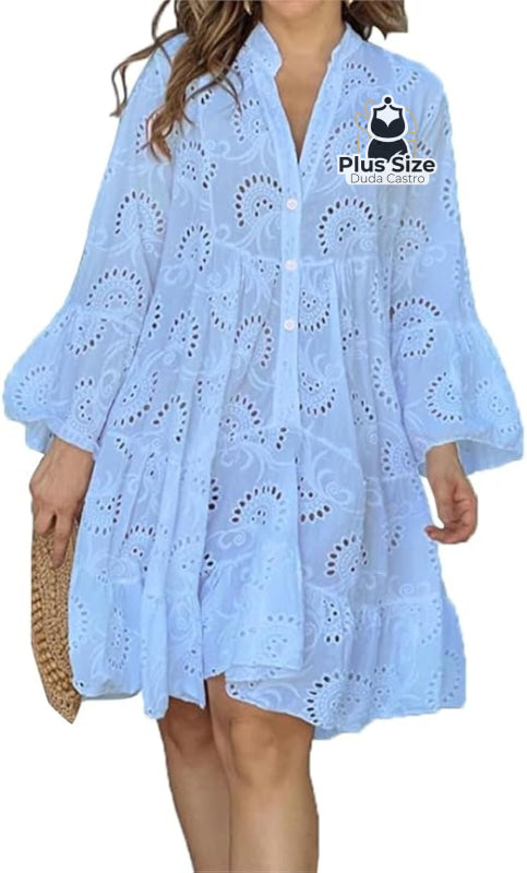 Vestido De Manga Longa 100% Em Laise Plus Size Várias Cores G / Branco Vestidos Size